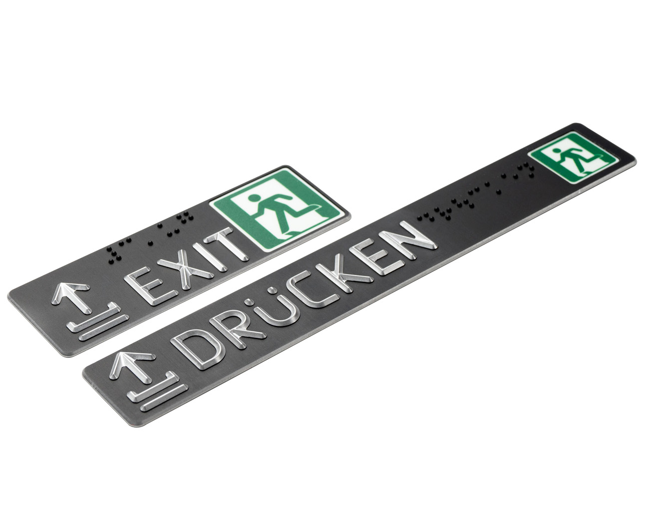 Handlaufschild flach Aluminium schwarz eloxiert gefräst nach Ö V2105 AUSGANG / NOTAUSGANG